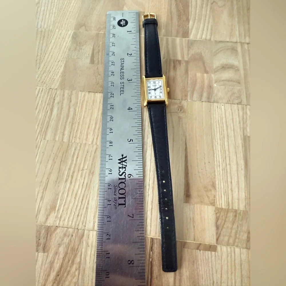 Citizen Quartz ladies tank rectangular gold tone black leather watch NEW BATTERY